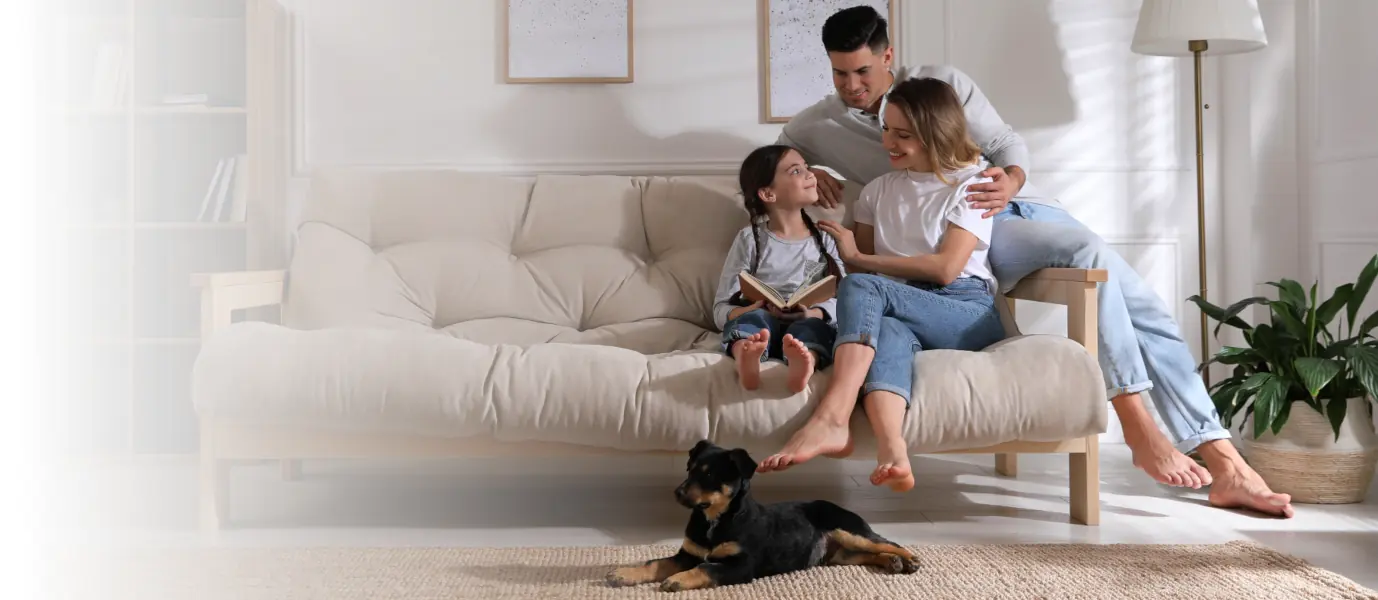 Family with dog enjoying air-conditioned comfort